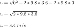 u = \sqrt{0^2 +2*9.8*3.6 -2*9.8*0} \\\\u = \sqrt{2*9.8*3.6} \\\\u = 8.4 \ m/s