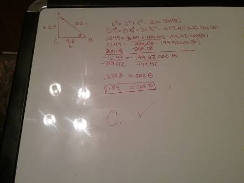 Use the law of cosines to find the value of cos theta. round your answer to two decimal places. the 