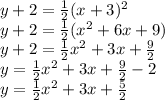 y+2=\frac{1}{2} (x+3)^2\\y+2=\frac{1}{2} (x^2+6x+9)\\y+2=\frac{1}{2} x^2+3x+\frac{9}{2} \\y=\frac{1}{2} x^2+3x+\frac{9}{2} -2\\y=\frac{1}{2} x^2+3x+\frac{5}{2}