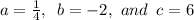 a=\frac{1}{4} , \,\,\,b=-2,\,\,and\,\,\,c=6