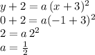 y+2=a\,(x+3)^2\\0+2=a(-1+3)^2\\2=a\,2^2\\a=\frac{1}{2}