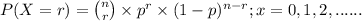 P(X=r)= \binom{n}{r} \times p^{r}\times (1-p)^{n-r}  ; x = 0,1,2,......