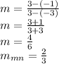 m=\frac{3-(-1)}{3-(-3)}\\m=\frac{3+1}{3+3}\\m=\frac{4}{6}\\m_{mn}=\frac{2}{3}