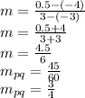 m=\frac{0.5-(-4)}{3-(-3)}\\m=\frac{0.5+4}{3+3}\\m=\frac{4.5}{6}\\m_{pq}=\frac{45}{60}\\m_{pq}=\frac{3}{4}