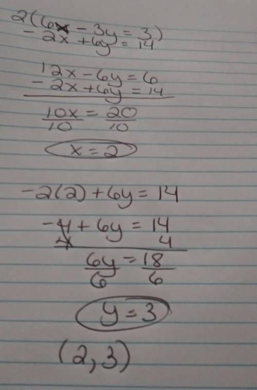 Solve the system using multiplication for the linear combination method. 6x – 3y = 3 –2x + 6y = 14 W