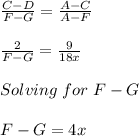 \frac{C-D}{F-G} =\frac{A-C}{A-F} \\\\\frac{2}{F-G} =\frac{9}{18x} \\\\Solving\hspace{3}for\hspace{3}F-G\\\\F-G=4x