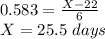0.583=\frac{X-22}{6}\\ X=25.5\ days