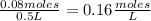 \frac{0.08 moles}{0.5 L} =0.16 \frac{moles}{L}