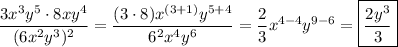 \dfrac{3x^3y^5\cdot 8xy^4}{(6x^2y^3)^2}=\dfrac{(3\cdot 8)x^{(3+1)}y^{5+4}}{6^2x^4y^6}=\dfrac{2}{3}x^{4-4}y^{9-6}=\boxed{\dfrac{2y^3}{3}}