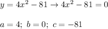 y=4x^2-81\to 4x^2-81=0\\\\a=4;\ b=0;\ c=-81