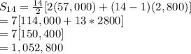 S_{14}=\frac{14}{2}[2(57,000)+(14-1)(2,800)]\\=7[114,000+13*2800]\\=7[150,400]\\=1,052,800