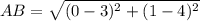 AB = \sqrt{(0 - 3)^2 + (1 - 4)^2}