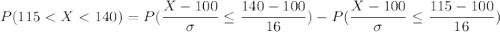 P(115 < X < 140) = P( \dfrac{X-100}{\sigma}\leq \dfrac{140-100}{16})-P( \dfrac{X-100}{\sigma}\leq \dfrac{115-100}{16})