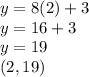 y=8(2)+3\\y=16+3\\y=19\\(2,19)