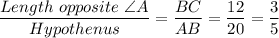 \dfrac{Length \ opposite \ \angle A}{Hypothenus} = \dfrac{BC}{AB} = \dfrac{12}{20} = \dfrac{3}{5}