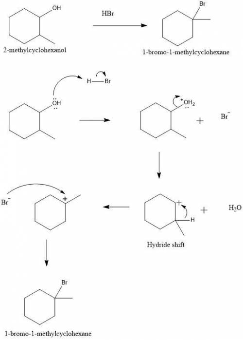 Through what basic mechanism is 2-methylcyclohexanol converted to 1-bromo-1-methylcyclohexane when t