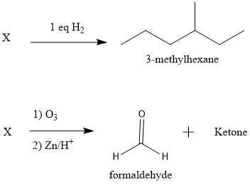 Compound X has the formula C7H14. X reacts with one molar equivalent of hydrogen in the presence of