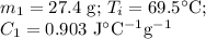 m_{1} =\text{27.4 g; }T_{i} = 69.5 ^{\circ}\text{C; }\\C_{1} = 0.903 \text{ J$^{\circ}$C$^{-1}$g$^{-1}$}