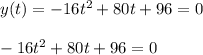y ( t ) = -16t^2 + 80t + 96 = 0\\\\-16t^2 + 80t + 96 = 0