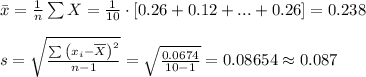 \bar x=\frac{1}{n}\sum X=\frac{1}{10}\cdot[0.26+0.12+...+0.26]=0.238\\\\s= \sqrt{ \frac{ \sum{\left(x_i - \overline{X}\right)^2 }}{n-1} }						 = \sqrt{ \frac{ 0.0674 }{ 10 - 1} } =0.08654\approx 0.087