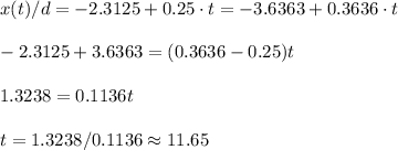 x(t)/d=-2.3125+0.25\cdot t = -3.6363+0.3636\cdot t\\\\-2.3125+3.6363=(0.3636-0.25)t\\\\1.3238=0.1136t\\\\t=1.3238/0.1136\approx11.65