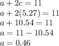 a+2c=11\\a+2(5.27)=11\\a+10.54=11\\a=11-10.54\\a=0.46