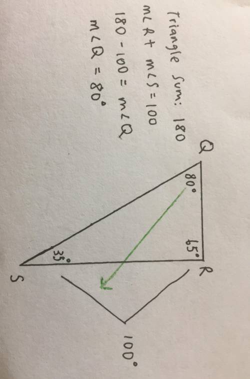 In ∠QRS, m∠R=65°, and m∠S=35°. Which side of ΔQRS is the longest?
