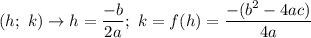 (h;\ k)\to h=\dfrac{-b}{2a};\ k=f(h)=\dfrac{-(b^2-4ac)}{4a}