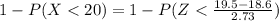 1 -  P(X < 20) =  1 -  P(Z  <  \frac{19.5 - 18.6 }{2.73 } )