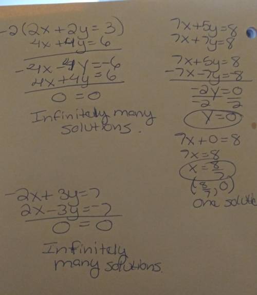Select the number of solutions for each system of two linear equations.