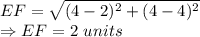 EF = \sqrt{(4-2)^2+(4-4)^2}\\\Rightarrow EF = 2\ units