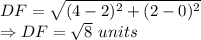 DF= \sqrt{(4-2)^2+(2-0)^2}\\\Rightarrow DF =\sqrt8\ units