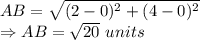 AB = \sqrt{(2-0)^2+(4-0)^2}\\\Rightarrow AB = \sqrt{20}\ units