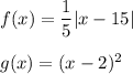f(x)=\dfrac{1}{5}|x-15|\\\\ g(x)=(x-2)^2