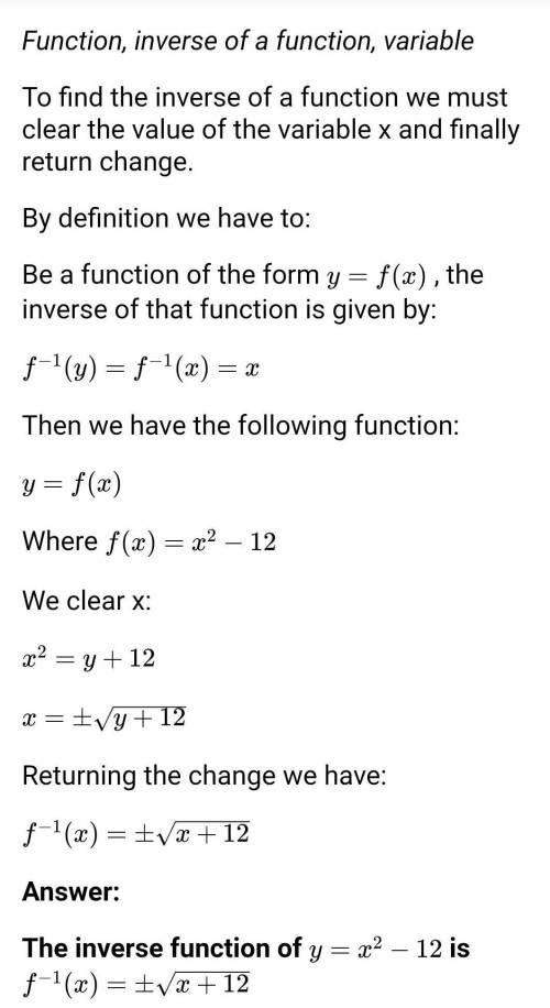 Find the inverse of the function y = x2 - 12.