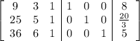 \left[\begin{array}{ccc|ccc|c}9&3&1&1&0&0&8\\25&5&1&0&1&0&\frac{20}{3}\\36&6&1&0&0&1&5\end{array}\right]