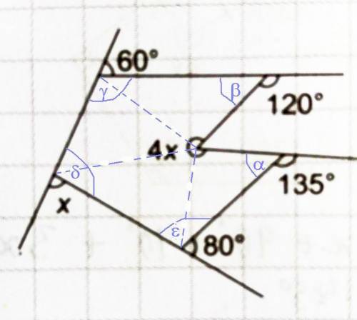 How do i find x?

is the formulathe sum of exterior angles=360° false for concaved polygons?