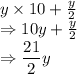 y \times 10 +\frac{y}{2}\\\Rightarrow 10 y +\frac{y}{2}\\\Rightarrow \dfrac{21}{2}y