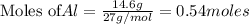 \text{Moles of} Al=\frac{14.6g}{27g/mol}=0.54moles