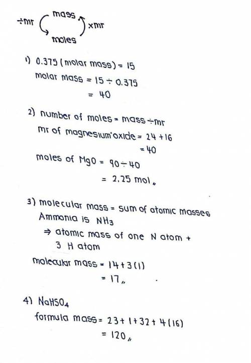 1) If there are 0.375 moles 15 grams of compound, what would its molar mass be?2) How many moles are