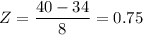 Z=\dfrac{40-34 }{8 } = 0.75
