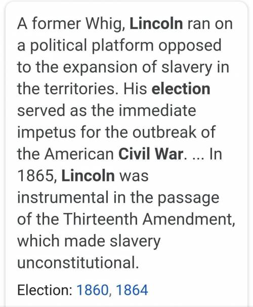 Explain why the election of Abraham Lincoln in 1860 was a key event leading to the Civil War. please