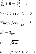 \frac{v_1^2}{2g} + 0 = \frac{v_2^2}{2g} + h\\\\V_2 < < V_1 or V_2 = 0\\\\Therefore\  \frac{v_1^2}{2g} = h\\\\v_1^2 = 2gh\\\\ v_1 = \sqrt{2gh} \\\\v_1 = \sqrt{2\times 9.8\times 1.15}