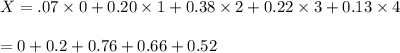 X = .07\times0 + 0.20\times 1 + 0.38\times 2 + 0.22\times 3 + 0.13\times 4\\\\ = 0 + 0.2 + 0.76 + 0.66 + 0.52