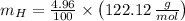 m_{H} = \frac{4.96}{100}\times \left(122.12\,\frac{g}{mol} \right)