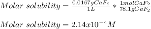 Molar\ solubility=\frac{0.0167gCaF_2}{1L}*\frac{1molCaF_2}{78.1gCaF_2}  \\\\Molar\ solubility=2.14x10^{-4}M