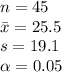 n=45\\\bar x=25.5\\s=19.1\\\alpha =0.05