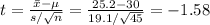 t=\frac{\bar x-\mu}{s/\sqrt{n}}=\frac{25.2-30}{19.1/\sqrt{45}}=-1.58