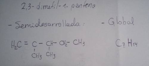 Escriba las fórmulas semi desarrollada y global correspondientes a: 2,3-dimetil-1-penteno