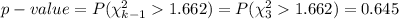 p-value=P(\chi^{2}_{k-1} 1.662) =P(\chi^{2}_{3} 1.662) =0.645